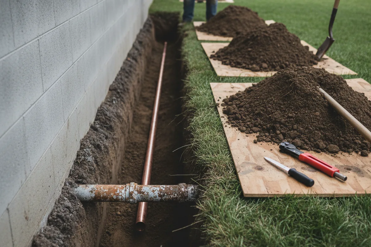 Excavated water line trench during Sewer Line Repair in Sibley